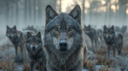A Close up of a Pack of Wolfs Standing In Front of a Foggy Background - Generative AI