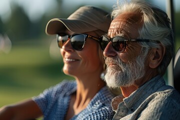 Happy senior couple enjoying retirement by playing golf on a sunny day