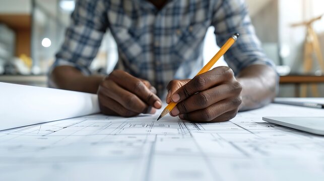 Black man office and drawing on blueprint with pencil for planning a building design layout and project as architect Table construction and engineering person with idea for property re : Generative AI
