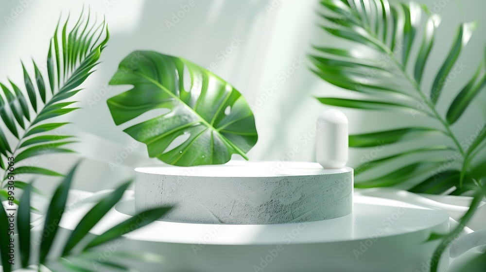 Aufkleber creative concept of minimalism with leaf and plaster podium blank space on white podiums for present