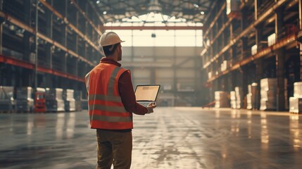 Man in industrial hangar Warehouse worker with laptop Contractor inside empty warehouse Loading equipment behind worker Man inspects empty hangar Location of future logistics center : Generative AI