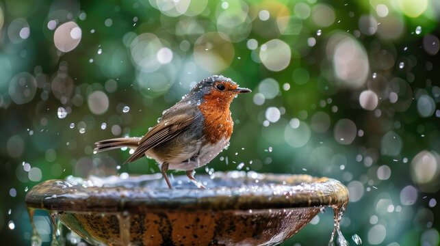 A bird sitting on a birdbath with water splashing