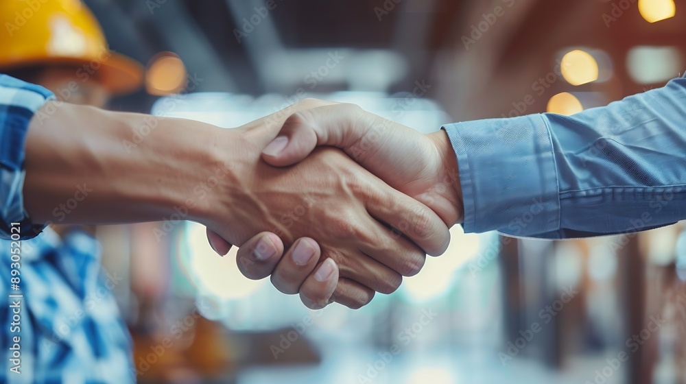 Poster Construction workers architects and engineers shake hands while working for teamwork and cooperation after completing an agreement in an office facility successful cooperation concept : Generative AI