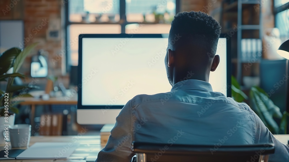 Aufkleber unrecognizable black businessman using computer with empty blank screen sitting at workplace in offi