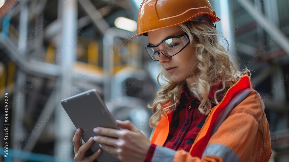 Poster Female engineer with digital tablet at construction site Factory foreman worker in hardhat at the precast factory site : Generative AI