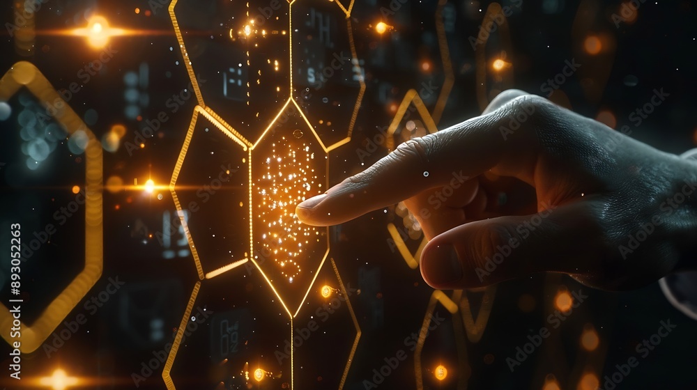 Poster Businessman touching and pressing hexagon honey screen display hologram button interface by finger on dark black background Internet and Virtual Reality concept Business and technology : Generative AI