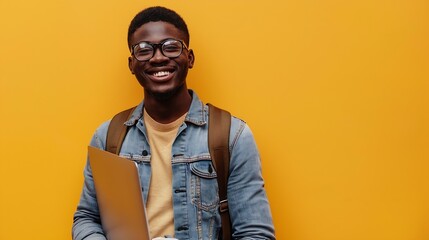 Fototapeta premium Confident smiling African American student holding laptop isolated on yellow background copy space Education concept Portrait of happy successful man freelancer looking at camera : Generative AI