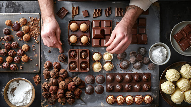 Chocolate Making: A chocolatier creating gourmet chocolates and truffles. - Powered by Adobe