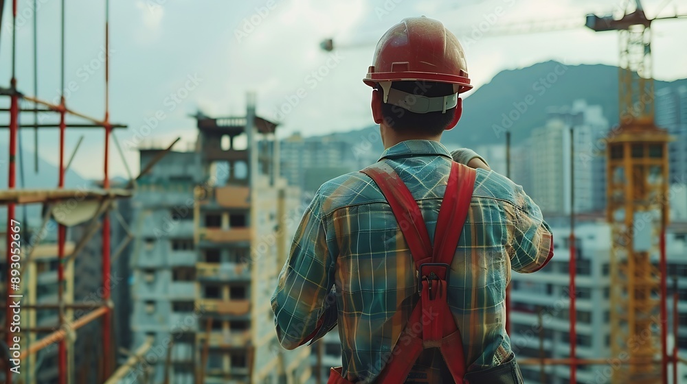 Fototapete man checking work process on construction site working : generative ai