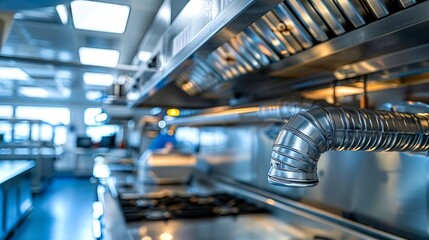 Fototapeta premium Ventilation industrial equipment Pipes for air purification in production Ventilation in restaurant kitchens Galvanized air hoods under ceiling Metal ventilation ducts Cafe kitchen equ : Generative AI