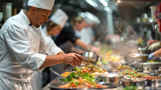 Culinary Arts Workshop: A chef teaching a culinary arts class with participants preparing gourmet dishes.