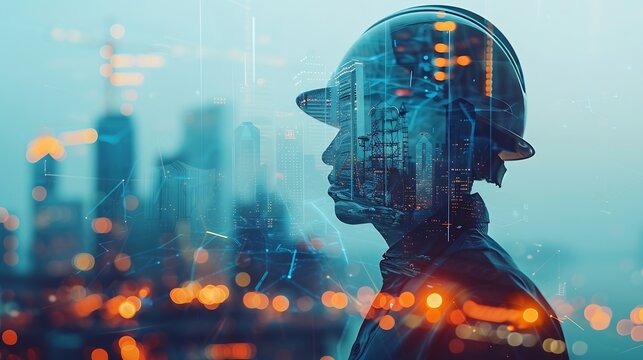 Engineering worker future industry double exposure city concept construction building city development planning innovation contractor technician architect city background blue banner : Generative AI