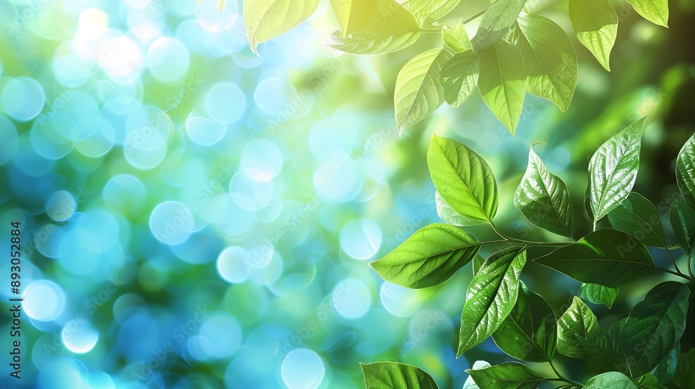 Aufkleber summer background of blue and green blurred foilage and sky with bright bokeh blurry abstract summer