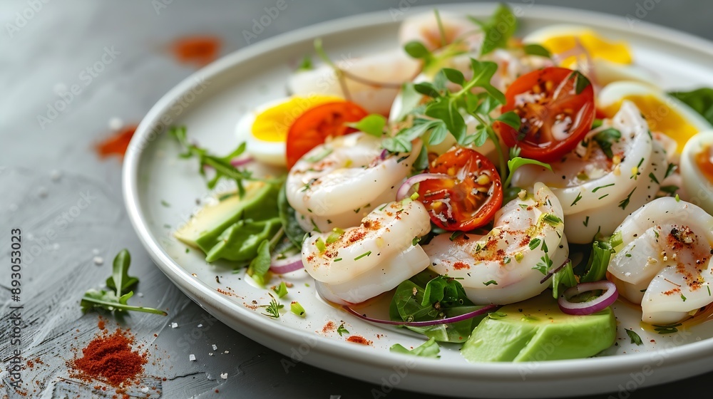 Poster Healthy salad with squid and avocado on white plate with harsh shadows Calamari salad with vegetables and eggs on white background with shadows of leaves Summer food menu : Generative AI