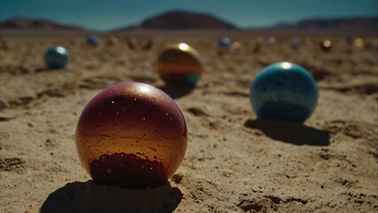 Brightly colored sphere balls placed in the dry desert terrain