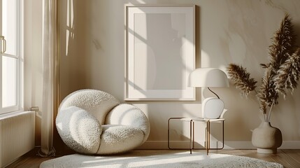 Minimalist composition of elegant living room space with white boucle armchair photos mock up frames carpet coffee table lamp decoration and personal accessories Copy space Template : Generative AI