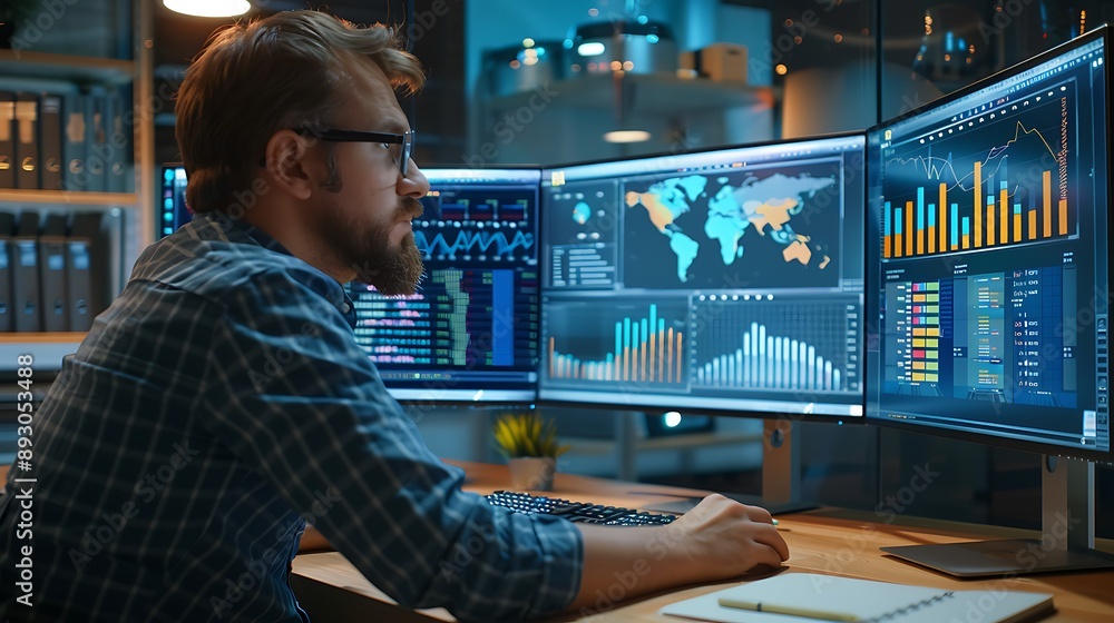 Poster businessman analyzing data on multiple monitors to analyze stock market data.