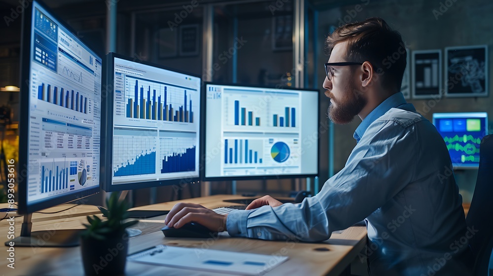 Poster man analyzing data on multiple monitors is analyzing financial data.