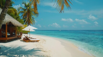 Luxury hotel with water villas and palm tree leaves over white sand close to blue sea seascape Beach chairs beds with white umbrellas Summer vacation and holiday beach resort on tropic : Generative AI