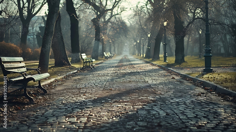 Poster an empty park alley on a spring day : generative ai