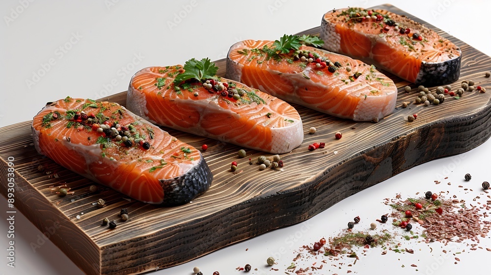 Poster wooden board with raw salmon steaks and different spices on white background : generative ai