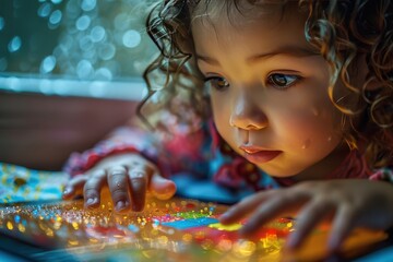 Young student engaged in interactive learning on a digital tablet for math and reading skills development.