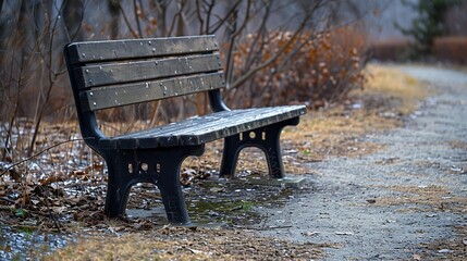 Single empty park bench on concrete slab Early spring No people : Generative AI