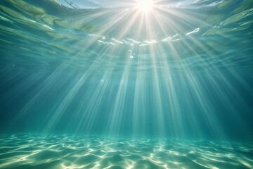 Scenic underwater view with sunbeams shining down.
