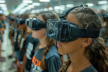Obraz premium Immersive Virtual Reality Field Trip: Teacher and Students Exploring Historic Sites in 3D
