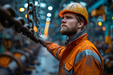 Skilled contractor operating large lifting hook on overhead crane at indoor construction site