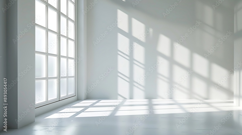 Poster Abstract White Studio Background for Product Presentation with Window Shadows and Sunlight Blurred Backdrop Empty Room With Copy Space : Generative AI