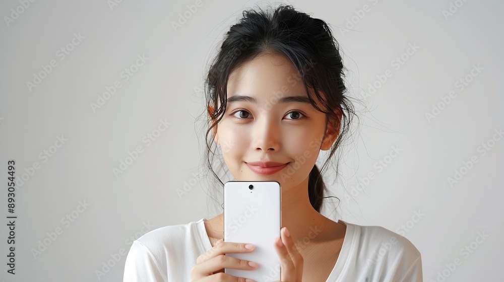 Aufkleber beautiful Asian young woman showing big smart phone with blank screen  white screen empty copy space for advertising banner isolated on white background  Mock Up Image : Generative AI