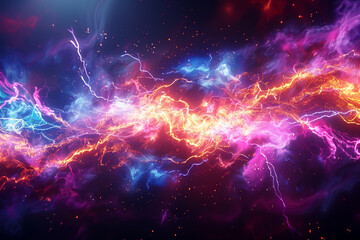 A beautifully composed scene of electric sparks intertwining with mystical elements, showcasing speed and magic, front view, futuristic tone, Tetradic color scheme