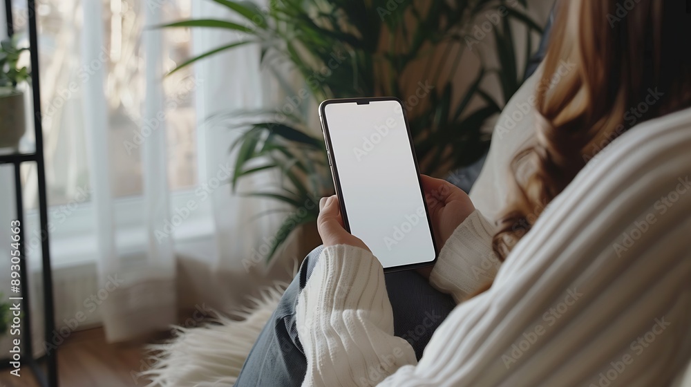 Poster mockup image of a woman holding and using mobile phone with blank desktop white screen at home : gen