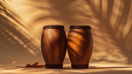 Two Wooden Drums Sit Next to Each Other on a White Table With a Shadow of a Palm Tree in the Background - Generative AI