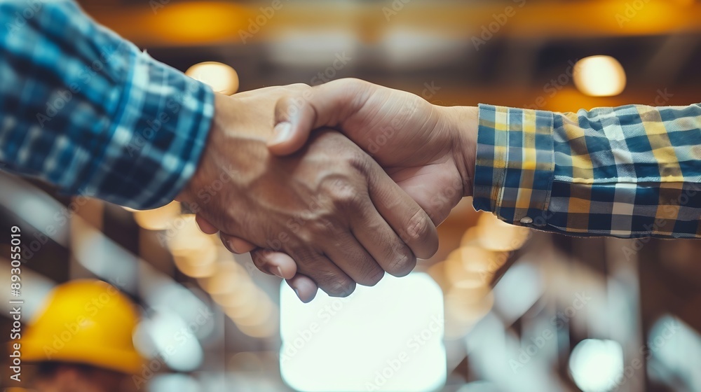 Leinwandbilder construction workers architects and engineers shake hands while working for teamwork and cooperation