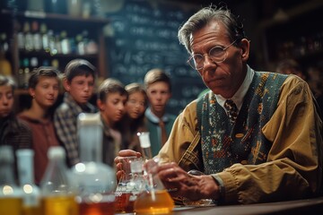 Engaging High School Science Teacher Demonstrating Chemistry Experiment to Students in Laboratory Setting