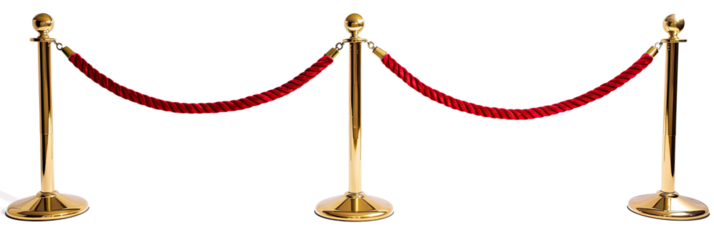 A red velvet rope barrier with golden stilt poles isolated in a transparent background. Cut out or PNG.