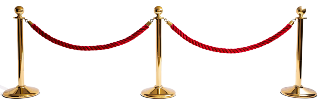 A red velvet rope barrier with golden stilt poles isolated in a transparent background. Cut out or PNG. - Powered by Adobe