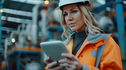 Female engineer with digital tablet at construction site Factory foreman worker in hardhat at the precast factory site : Generative AI