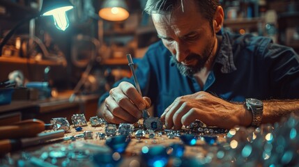 A master jeweler skillfully setting gems into a jewelry piece, with a focus on a sapphire diamond ring amidst a workshop laden with professional tools
