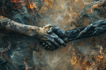 A powerful and symbolic epic handshake between two entities, representing trust and partnership in business deals and teamwork. Suitable for corporate and motivational purposes.