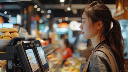 Concept of facial recognition scan used for confirming payment for food transaction at fastfood restaurant POV from terminal kiosk Emerging wearable and contactless payment technology : Generative AI