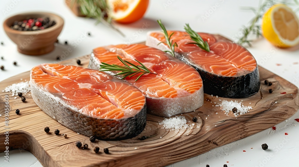 Poster wooden board with raw salmon steaks and different spices on white background : generative ai