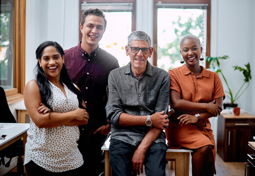 Designer, team and confident with portrait in office with diversity, collaboration and professional for work or job. Men, women and group of creative directors in workplace, proud and happy staff. - Powered by Adobe