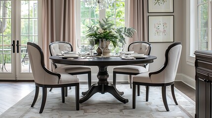 Fototapeta premium Elevate your dining decor with the elegant accents of these Bassett dining chairs Intricate detailing and highquality finishes add a touch of sophistication and style to any dining spa : Generative AI