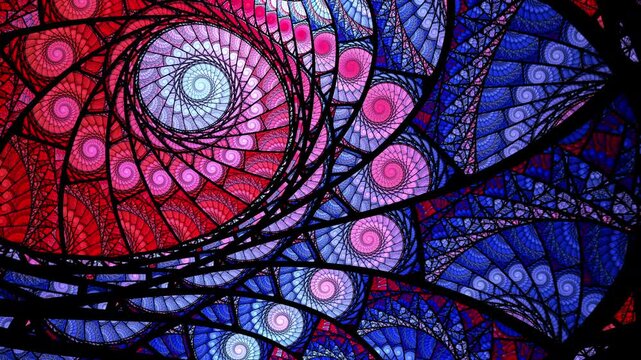 Abstract looping spiral fractal art background, like stained glass.