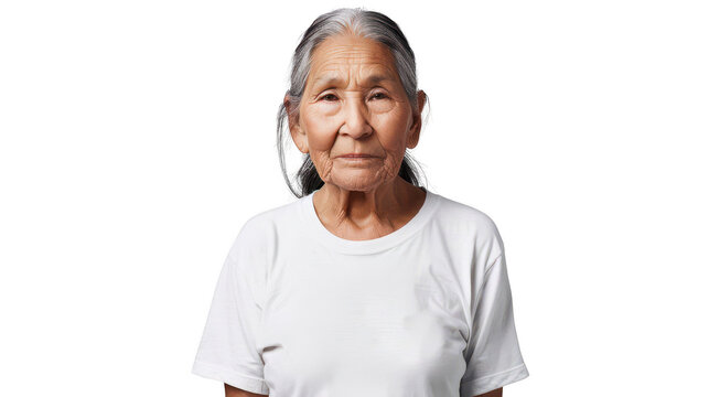 Half body portrait of a wise Native Alaskan elder in her 70s in a white T-shirt