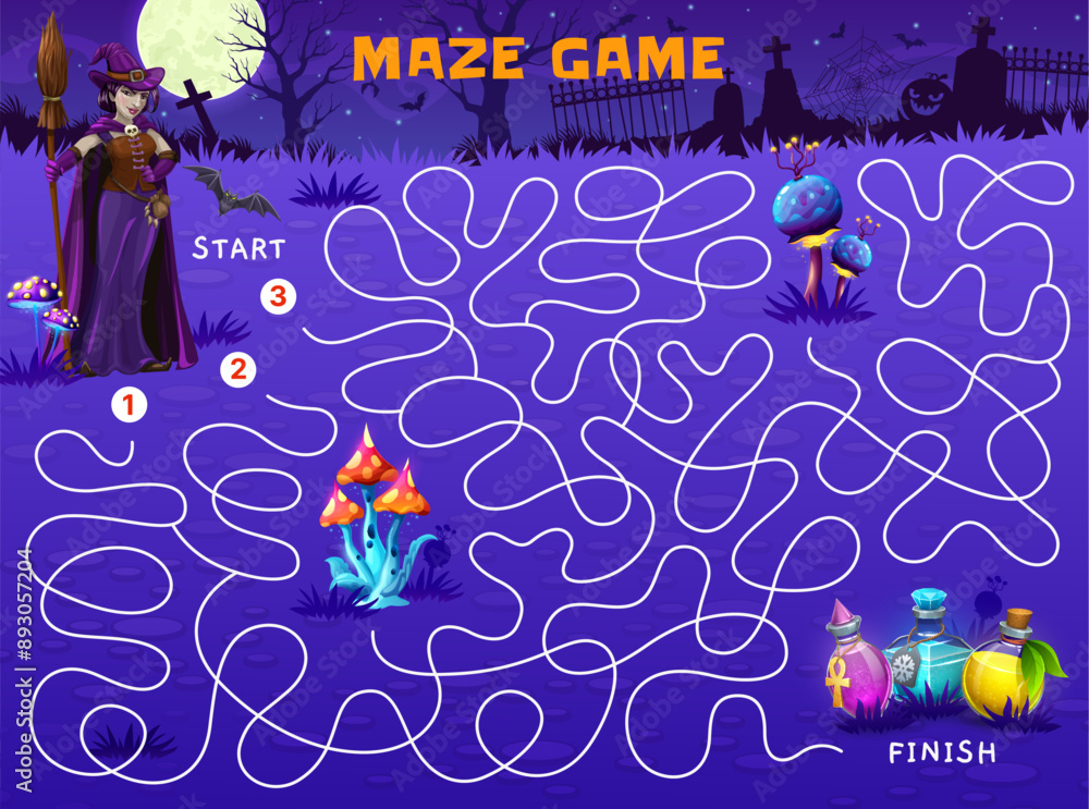Aufkleber halloween labyrinth maze game, help to witch find potion bottles on cemetery, vector puzzle workshee