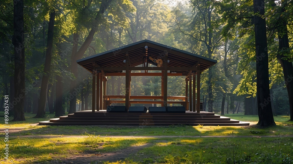 Poster empty open air stage in a park with a sound projecting roof akniste latvia : generative ai
